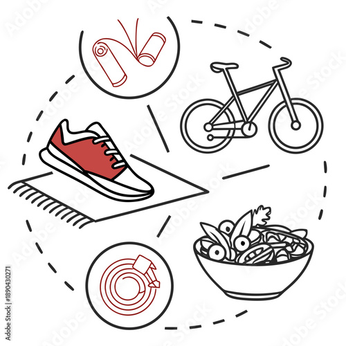 A variety of healthy activities and foods for a balanced lifestyle.