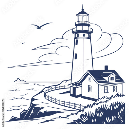 A picturesque lighthouse standing tall on a rocky coastline with a clear blue sky.