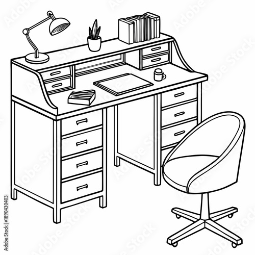 A vintage wooden desk with drawers and a chair in a minimalist style