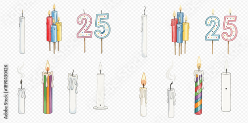 Set of birthday and decorative candles, various shapes and states, with number 25 candles for celebration.