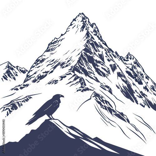 Majestic snow-capped mountain peak with a climber ascending its steep slope