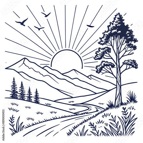 A serene landscape with a rising sun, trees, and a winding path.