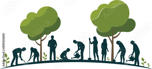 People planting trees together, environmental conservation illustration, community gardening teamwork vector, eco friendly nature protection activity scene outdoor sustainability concept