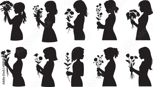Silhouette profiles of women holding bouquets of flowers in various styles woman