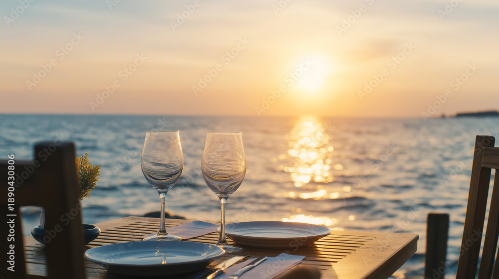 Fototapeta premium Setting up a picturesque table for a intimate dinner at sunset with a stunning ocean view, perfect for couples marking important occasions