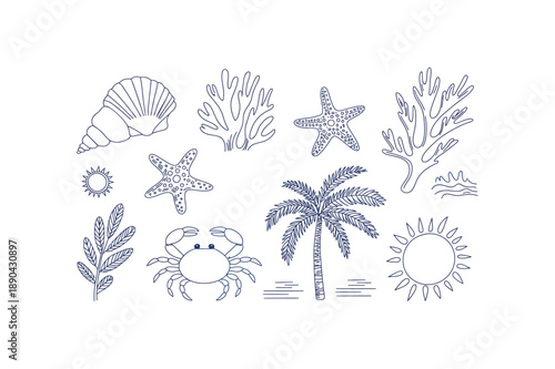 Tropical beach icons including sea creatures and palm trees ocean coral starfish seashell tree