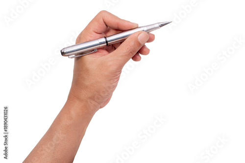 men hand holding a pen at the target - business targeting, aiming, focus concept. white background, isolate.	
