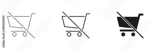 Shopping Cart With Prohibition Line And Solid Icon Set. No Shopping, Purchase Restriction, And E-Commerce Ban Outline And Silhouette Symbol. Retail Limitations. Isolated Vector Illustration