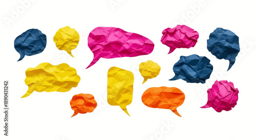 Vibrant crumpled speech bubbles in various colors arranged in a scattered pattern on a clean white background, viewed from directly above