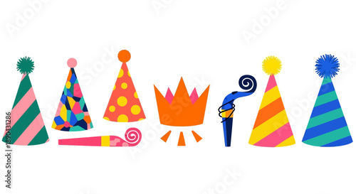 Colorful party hats and accessories arranged in a festive row on a clean background, viewed from directly above.