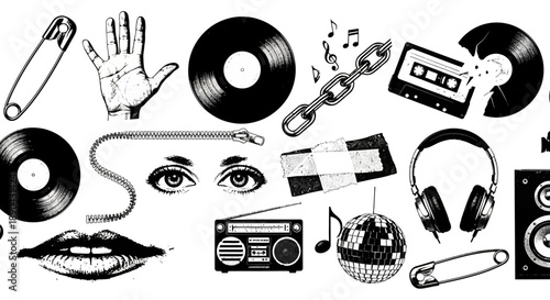 Vintage music elements, vinyl records, headphones, and cassette tapes arranged in a collage, showcasing music-related icons, on a simple background, viewed from directly above