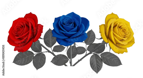 Three roses in red, blue, and yellow colors with gray leaves on a white background, illustration view