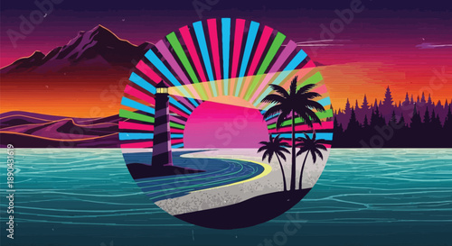 Vibrant retro wave aesthetic artwork features a neon glowing lighthouse guiding beams across a stylized tropical beach setting at sunset
