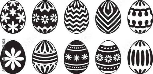 Ten black and white decorative Easter eggs with intricate patterns holiday decoration