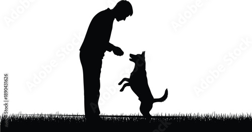 Silhouette of a man training a jumping dog on grass, pet owner bonding with puppy in nature, cad drawing flat vector illustration