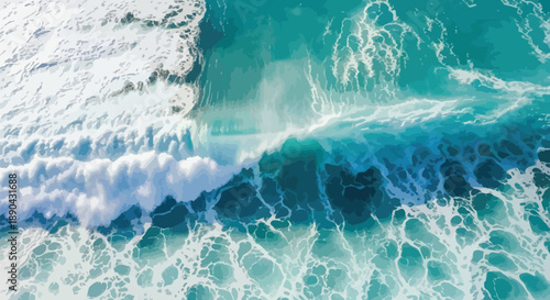 Aerial view captures the dramatic turquoise ocean water violently crashing into powerful white foamy waves creating beautiful natural abstract patterns.