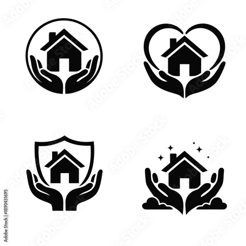 Four black icons of hands holding a house inside a circle, heart, shield and sparkles. Concept of home care, real estate protection, insurance security and safe housing support.