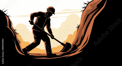 Construction worker digging a trench with a shovel.