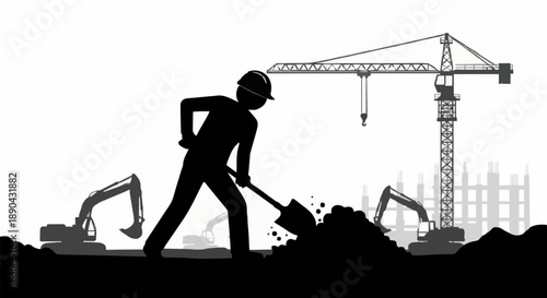 Construction worker digging with shovel at building site with cranes.