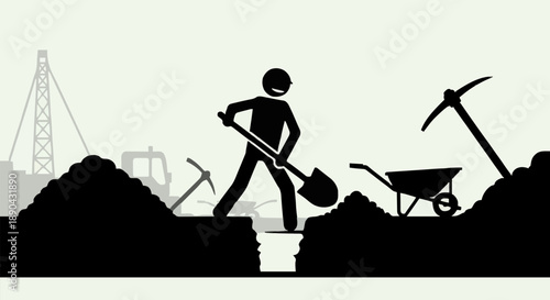 Construction worker digging with shovel at building site.