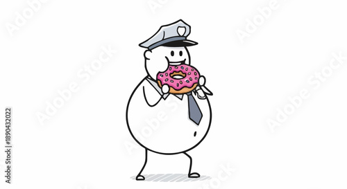 Chubby Cartoon Police Officer Eating a Pink Donut.