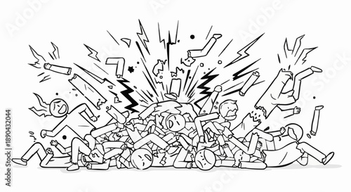 Chaotic Pile of People and Objects in an Explosion.