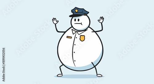 Chubby Cartoon Police Officer Standing with Hands Up.