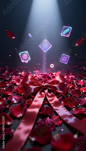 Elegant Gift Wrapped in Red Ribbon Surrounded by Rose Petals and Luminous Colorful Symbols