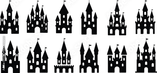 Fairy tale castle silhouettes collection, medieval fantasy towers and fortresses set, storybook kingdom architecture icons isolated on white background