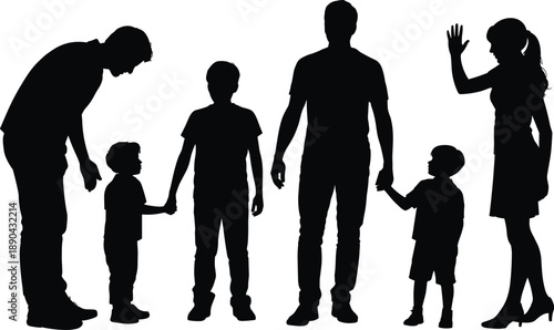 Family silhouettes of parents and children holding hands, happy people group, parenting, childhood, togetherness and love isolated on white background
