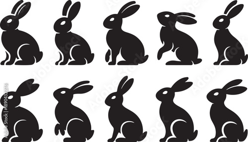 Ten black silhouette illustrations of rabbits in various sitting and resting poses Keywords: rabbit, bunny, silhouette, illustration, black, white, isolated, animal, pet, wildlife, cute, mammal