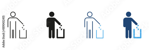 Person Throwing Trash In Bin Line And Solid Icon Set. Waste Disposal, Environmental Responsibility, And Cleanliness Outline And Silhouette Symbol Collection. Isolated Vector Illustration