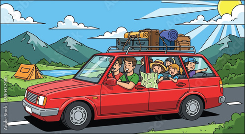 Cheerful family enjoying a sunny road trip adventure loaded with luggage traveling toward scenic mountains with a campsite visible in the distance