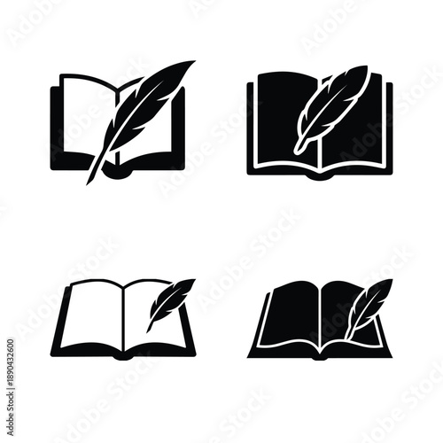 Silhouette of an open book next to a feather pen, evoking education, history, and writing - vector