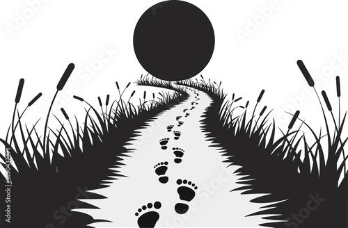 Footprints on winding path silhouette, human journey through nature landscape with sun and grass, life path concept isolated on white