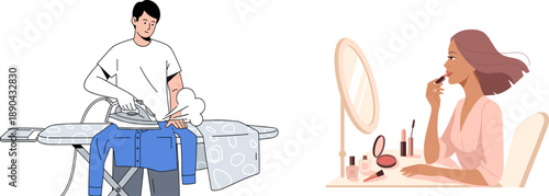 Personal grooming, ironing clothes, makeup routine, home care, beauty habits, vanity table, self-care illustration, domestic chores, daily hygiene, lifestyle concept, cosmetic application