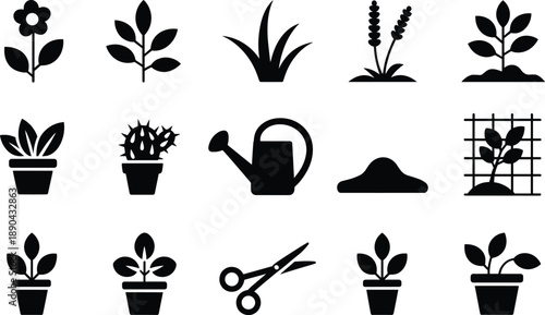 Gardening and plant care silhouette icon set, potted plants, tools and seedlings collection, home garden symbols isolated on white