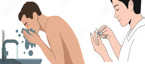 Personal hygiene, face washing, nail trimming, grooming habits, self-care routine, clean lifestyle, health maintenance, daily hygiene, wellness illustration, cleanliness practices, home grooming