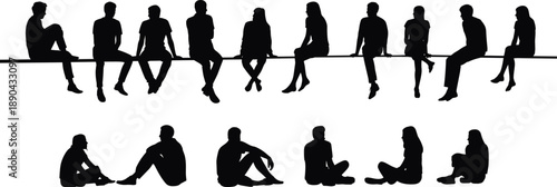 Silhouettes of people sitting on a bench and ground in relaxed poses, casual social interaction, waiting and everyday lifestyle concept isolated
