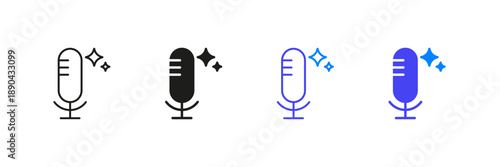 Microphone With Ai Sparkles Line And Solid Icon Set. Audio Recording, Podcasting, And Voice Clarity Enhancement Symbol. Ai Voice Generator Icon. Isolated Vector Illustration