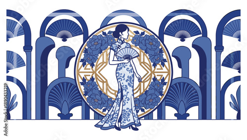 Elegant East: A stylish illustration of a woman in traditional garb, adorned with fan. capturing the elegance of the Orient and the grace of a woman in traditional attire.