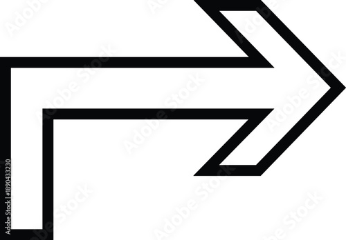 Minimalist right arrow symbol with bent corner, directional navigation icon isolated on white background for signage, interface and graphic design use
