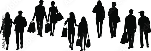 Silhouettes of people walking with shopping bags, men and women carrying purchases, retail consumer lifestyle and urban shopping concept isolated