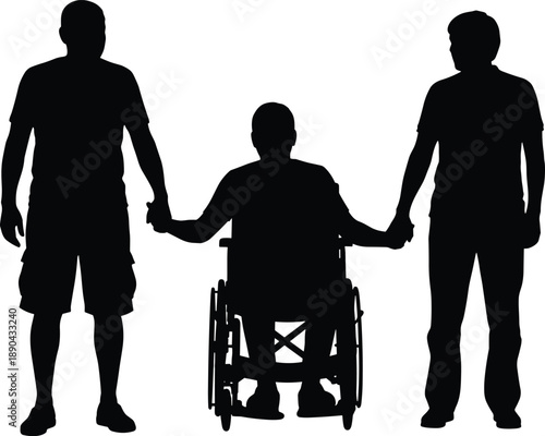 Silhouette of two supportive men holding hands with their friend in a wheelchair symbolizing brotherhood community inclusivity accessibility and strong emotional bond among people