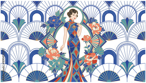 Art Deco Illustration of a Woman: An elegant woman, dressed in a stylish Art Deco gown, stands amidst a floral and geometric backdrop, evoking a sense of sophistication and vintage glamour.