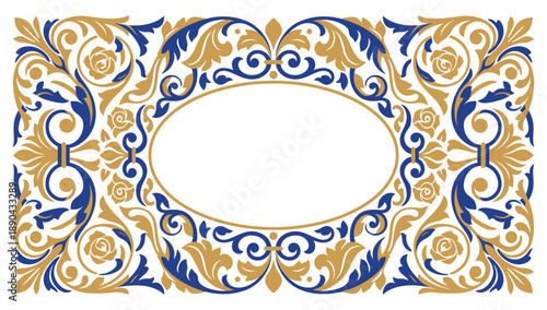 Elegant Floral Ornament Design: An intricate design displaying exquisite floral ornament in rich gold and navy hues, featuring an open oval, ready for your personalized touch.