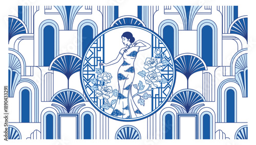 Art Deco Beauty: A stylized image embodies the opulence and geometric precision of Art Deco, showing a lady in a beautiful circle decoration. The image showcases the fusion of luxury, symmetry.