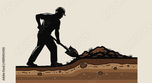 Construction worker digging with shovel in soil layers.