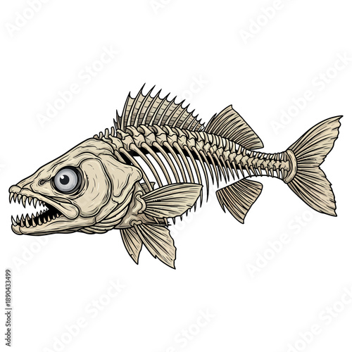 Walleye fish skeleton illustration with sharp teeth and vintage hand drawn style on white background