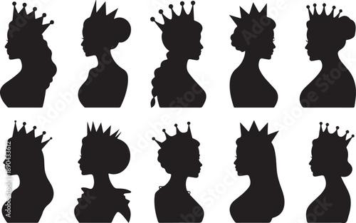 Ten black silhouette profiles of women wearing crowns in various hairstyles and crown designs Keywords: woman, silhouette, profile, crown, queen, princess, royalty, female, head, hairstyle, bun